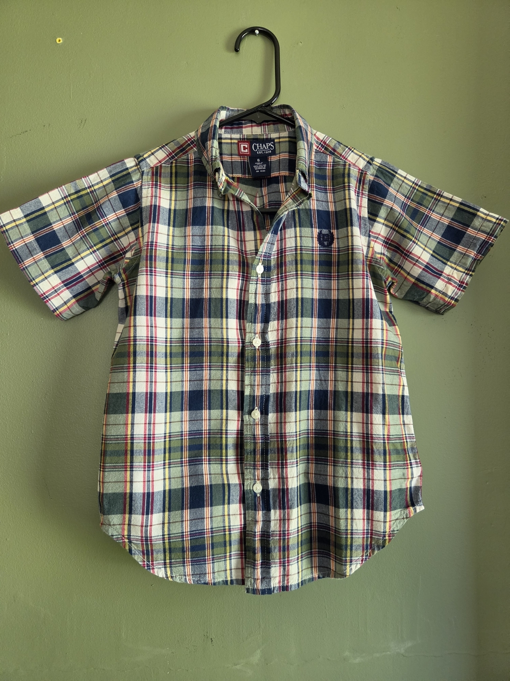Chaps Boys Green Navy Plaid Short-Sleeve Button-Down Shirt